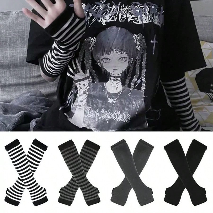 1 Pair Y2K Punk Striped Knitte - Travel Accessories Unisex ulasan dan harga